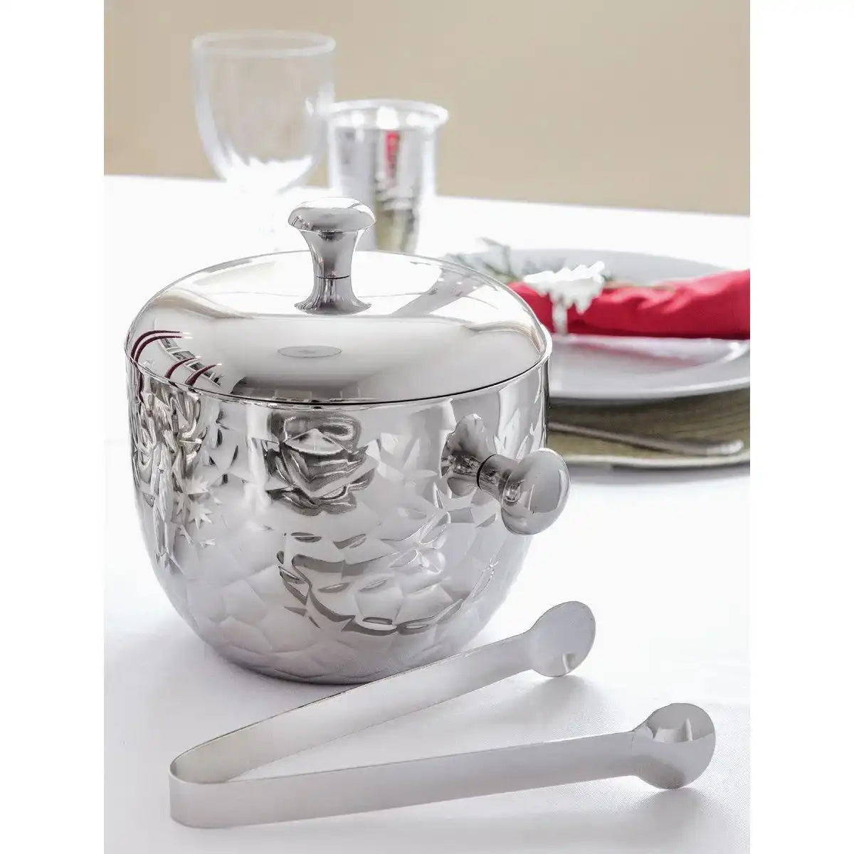 Eiseimer Rico mit Deckel und Eiszange Edelstahl gehämmert 18 cm - HomeDesign Knaus