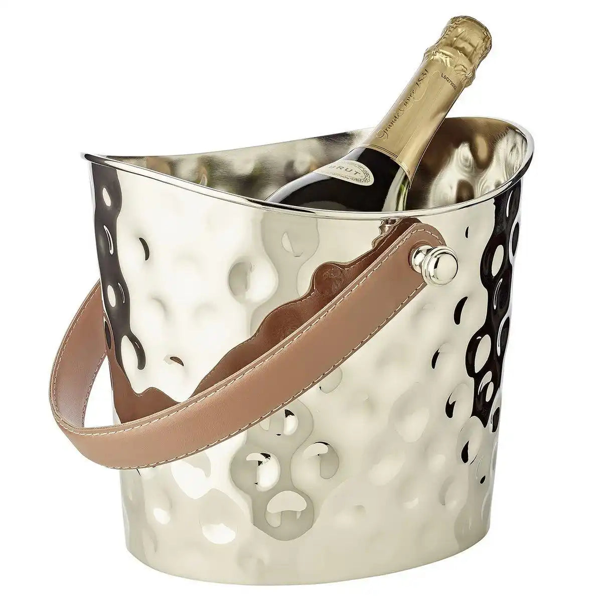 Eiseimer Weinkühler Gilbert gehämmert braunem Ledergriff Edelstahl 23 cm - HomeDesign Knaus