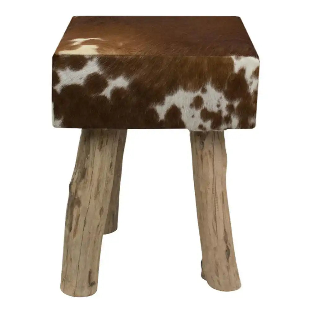 Holz Hocker Rindsleder Kuh Braun weiß 45cm - HomeDesign Knaus
