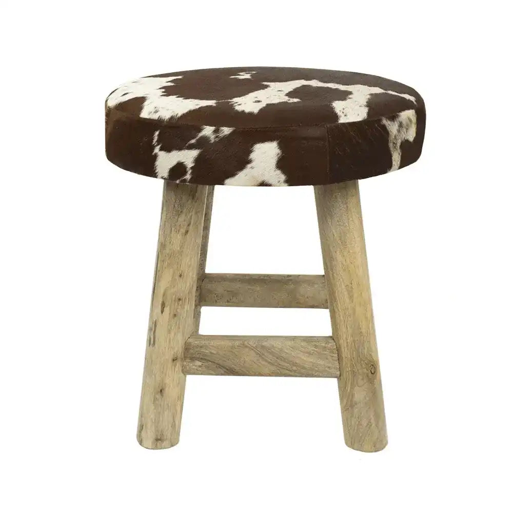 Holz Hocker Rindsleder Kuh braun weiss rund 45cm - HomeDesign Knaus