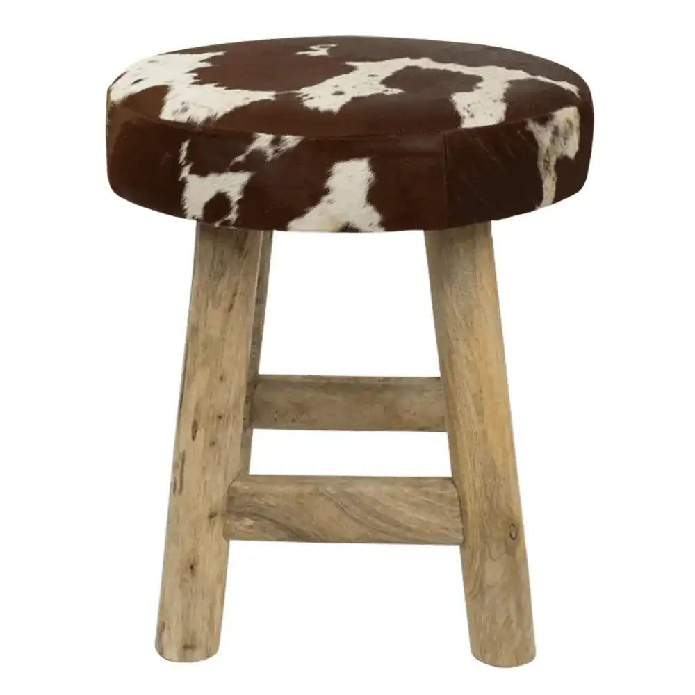 Holz Hocker Rindsleder Kuh braun weiss rund 45cm - HomeDesign Knaus