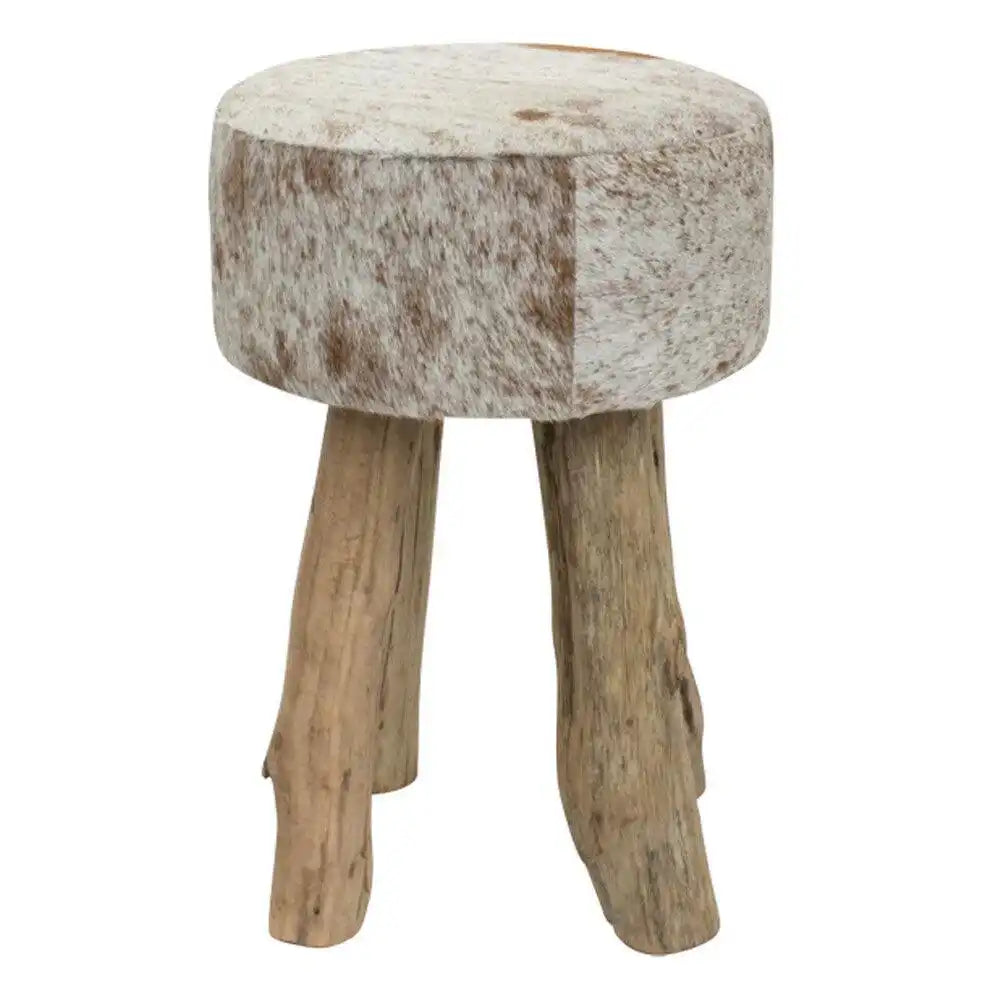 Holz Hocker Rindsleder Kuh Braun weiß rund - HomeDesign Knaus