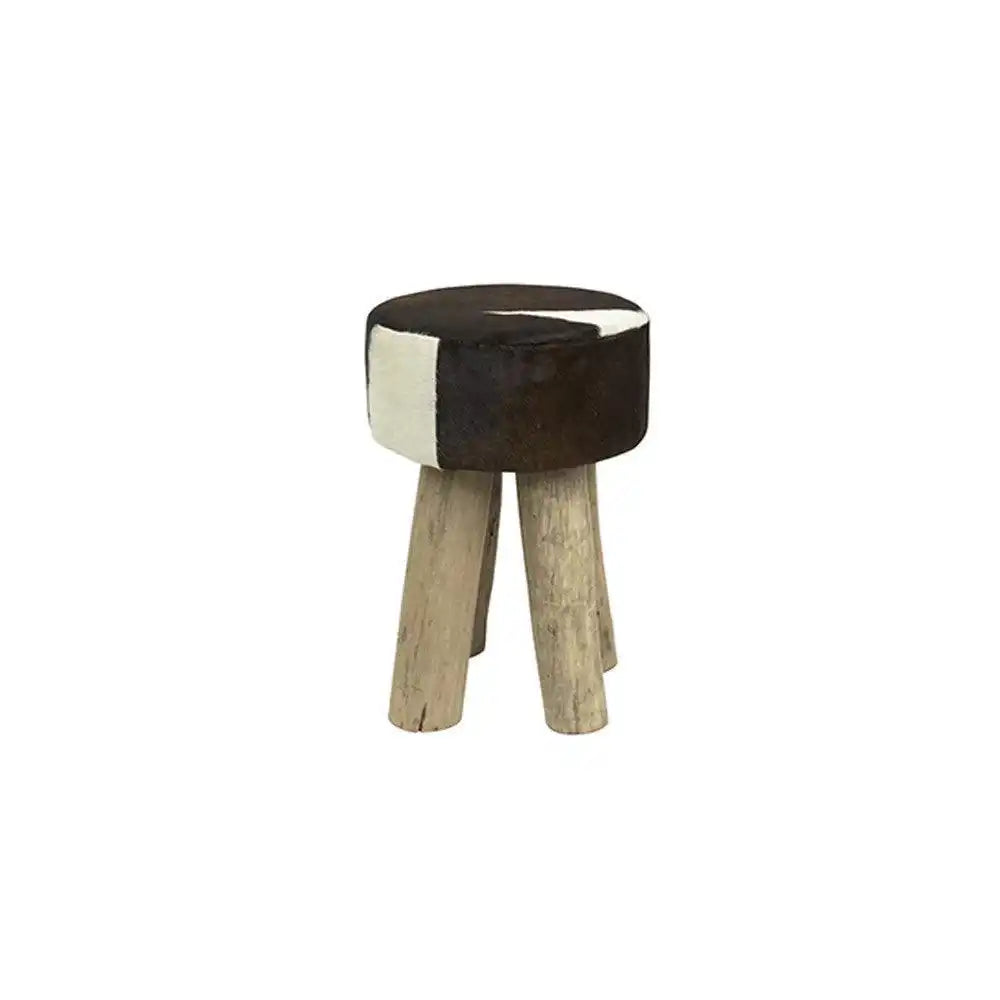 Holz Hocker Rindsleder Kuh dunkelbraun rund - HomeDesign Knaus