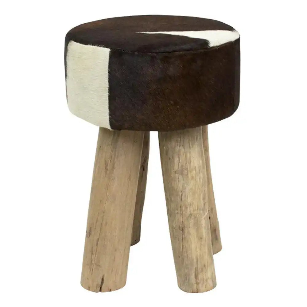 Holz Hocker Rindsleder Kuh dunkelbraun rund - HomeDesign Knaus
