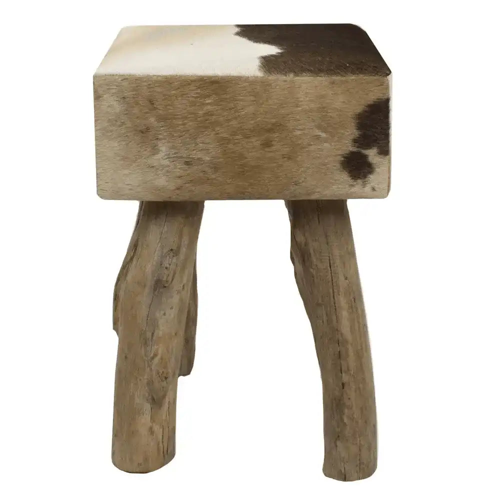 Holz Hocker Rindsleder Kuh dunkelbraun weiß 45cm - HomeDesign Knaus