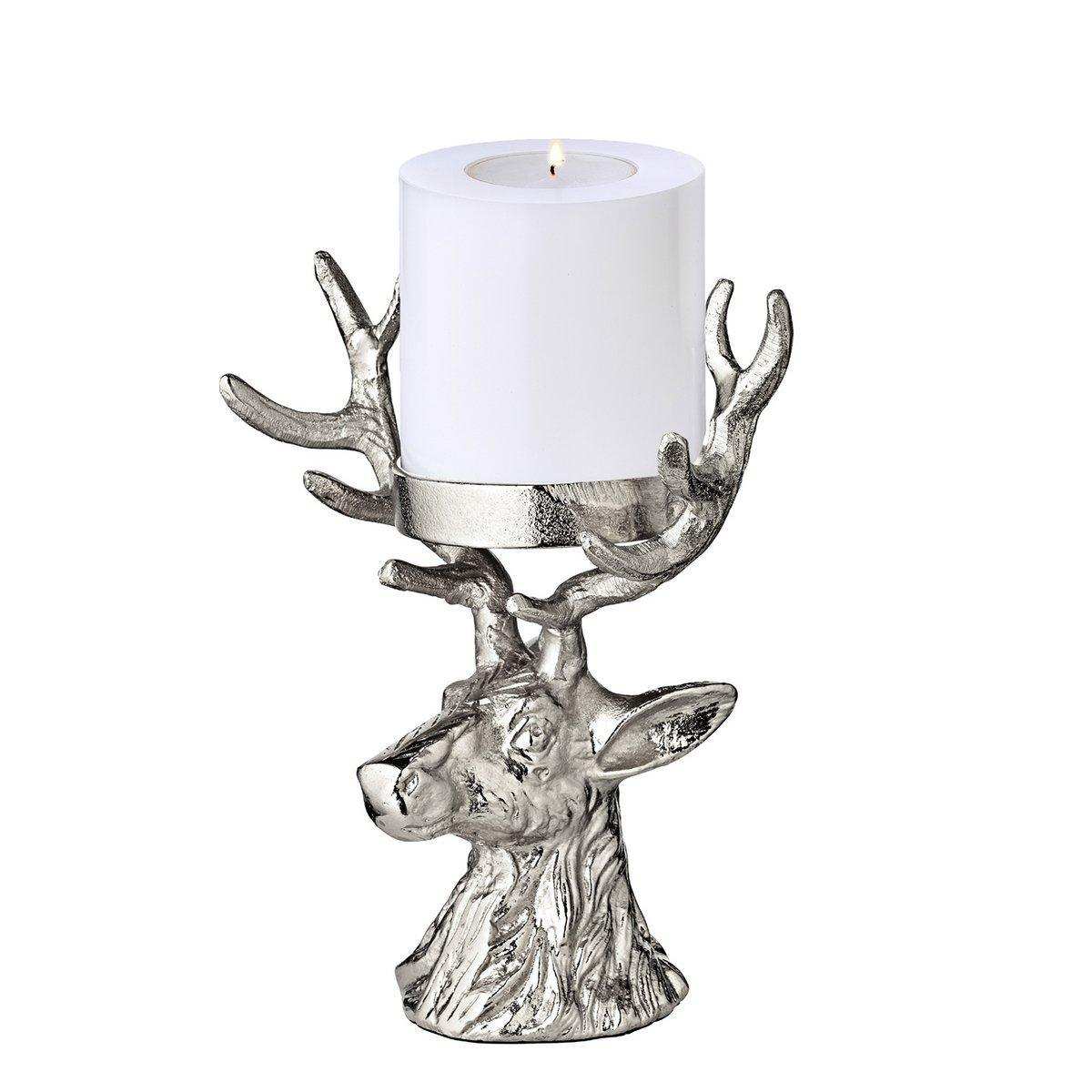 Kerzenleuchter Hirsch, Aluminium vernickelt, Höhe 20 cm, für Stumpenkerze ø 6 cm - HomeDesign Knaus