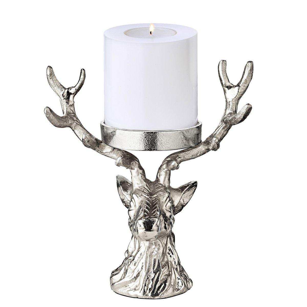 Kerzenleuchter Hirsch, Aluminium vernickelt, Höhe 20 cm, für Stumpenkerze ø 6 cm - HomeDesign Knaus
