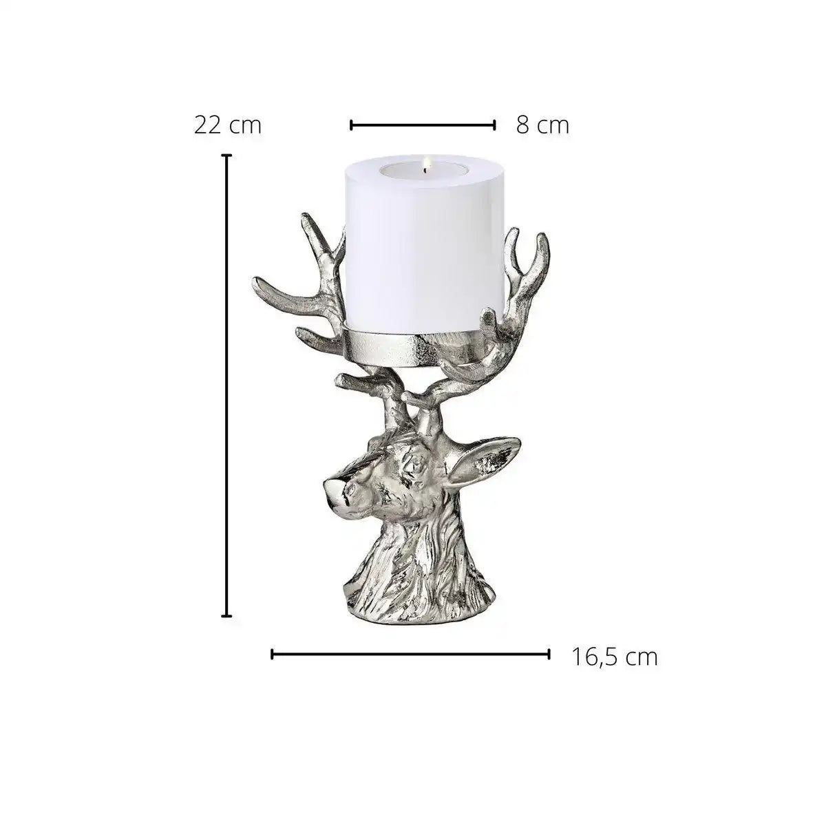 Kerzenleuchter Hirsch, Aluminium vernickelt, Höhe 20 cm, für Stumpenkerze ø 6 cm - HomeDesign Knaus