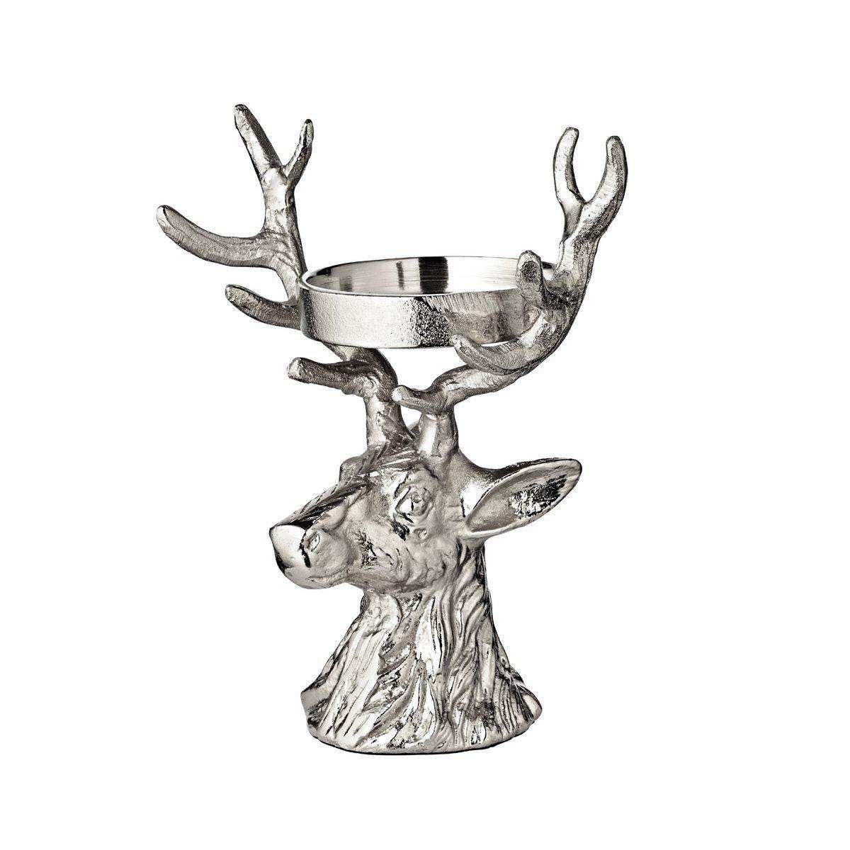 Kerzenleuchter Hirsch, Aluminium vernickelt, Höhe 20 cm, für Stumpenkerze ø 6 cm - HomeDesign Knaus
