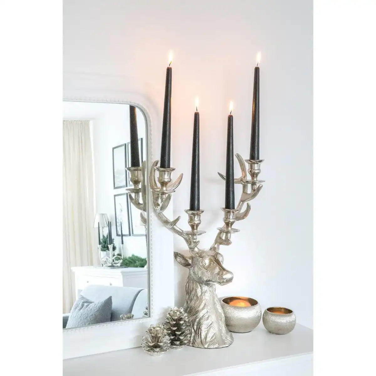 Kerzenleuchter Hirsch Richard für 4 Stabkerzen, Höhe 43 cm Silber - HomeDesign Knaus