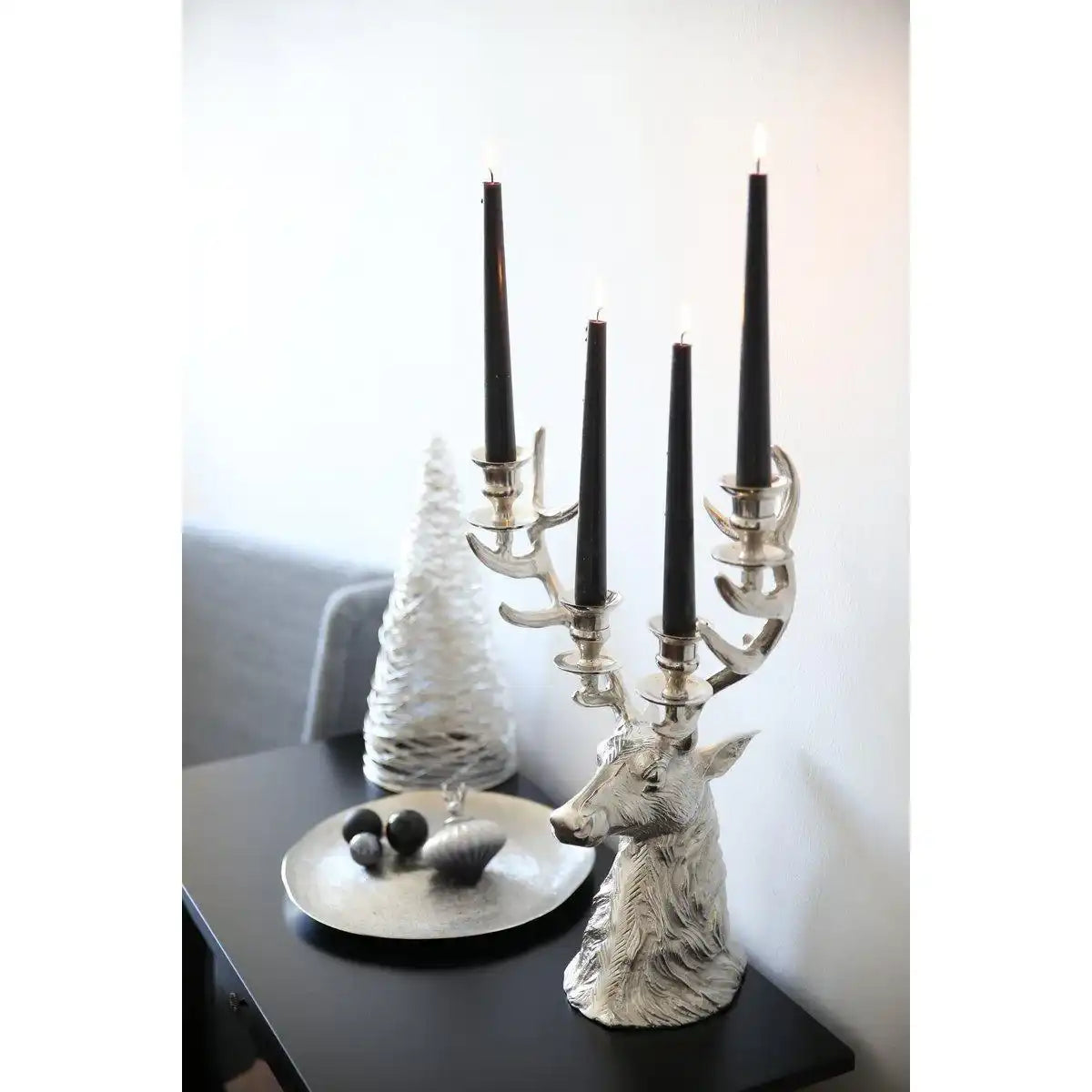 Kerzenleuchter Hirsch Richard für 4 Stabkerzen, Höhe 43 cm Silber - HomeDesign Knaus