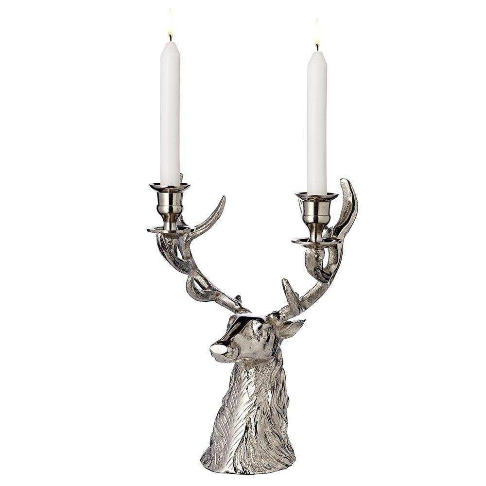 Kerzenleuchter Kerzenhalter Hirsch Geweih Höhe 33 cm, Aluminium vernickelt, für 2 Stabkerzen - HomeDesign Knaus