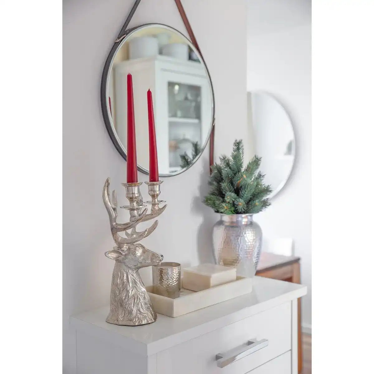 Kerzenleuchter Kerzenhalter Hirsch Geweih Höhe 33 cm, Aluminium vernickelt, für 2 Stabkerzen - HomeDesign Knaus