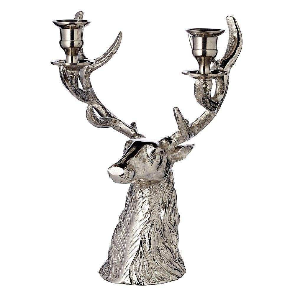 Kerzenleuchter Kerzenhalter Hirsch Geweih Höhe 33 cm, Aluminium vernickelt, für 2 Stabkerzen - HomeDesign Knaus