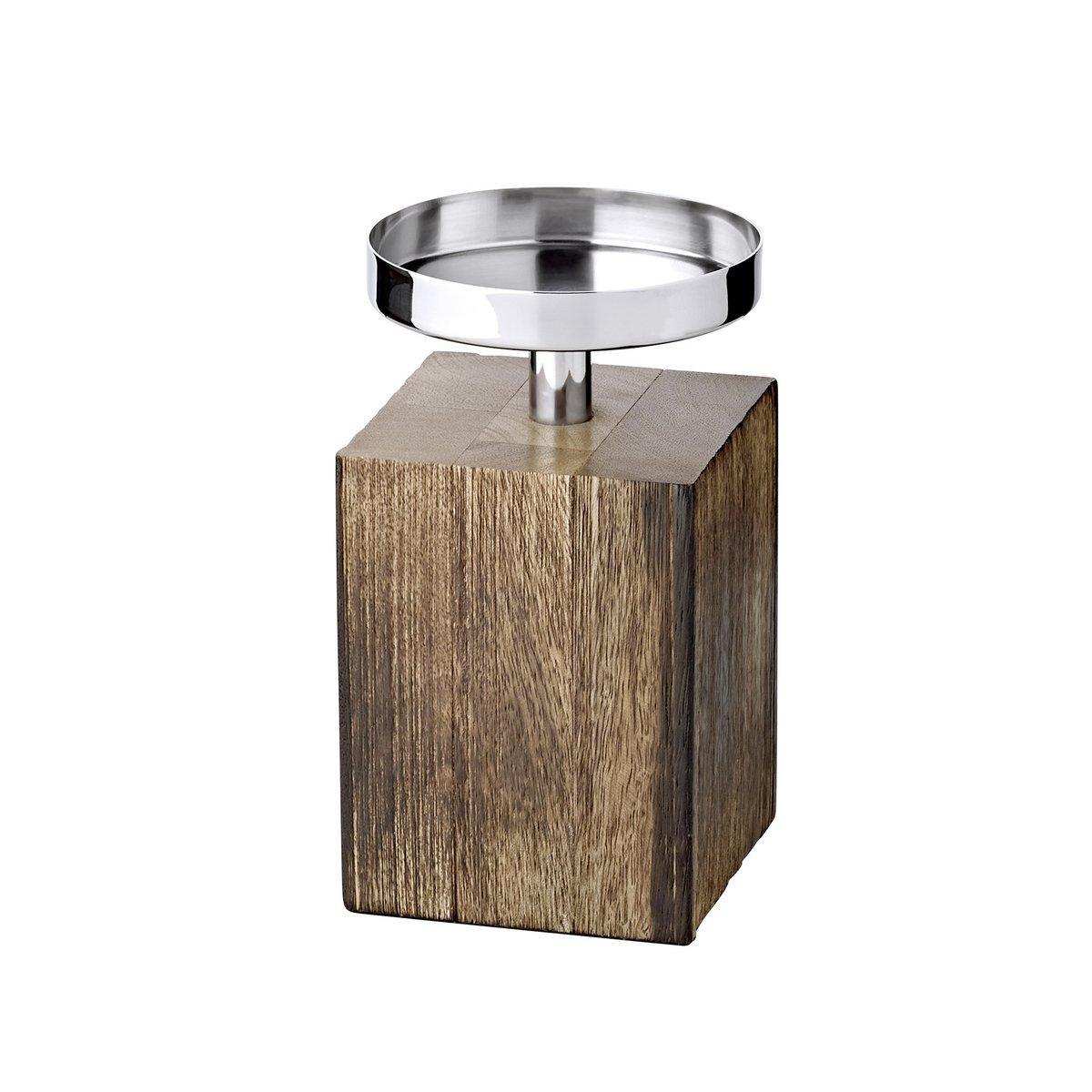 Kerzenständer Meo (Höhe 16,5 cm), Edelstahl vernickelt, Sockel aus Holz, für Kerzen bis Ø 9 cm - HomeDesign Knaus