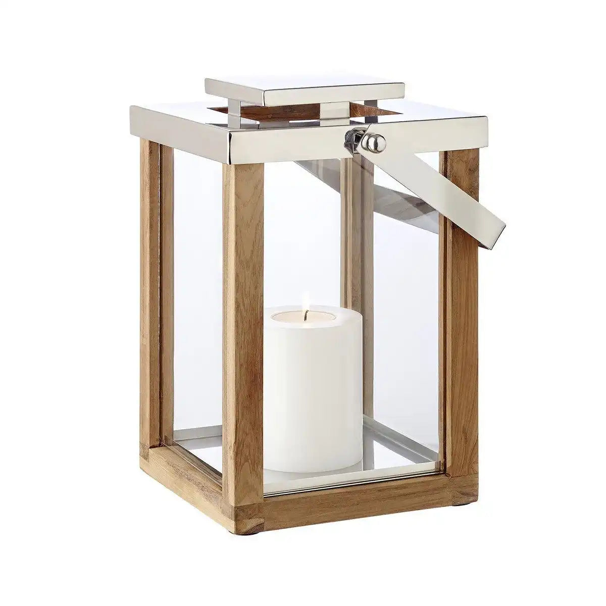 Laterne Windlicht Miami mit klappbarem Griff, Holz und Edelstahl glänzend vernickelt 45cm - HomeDesign Knaus