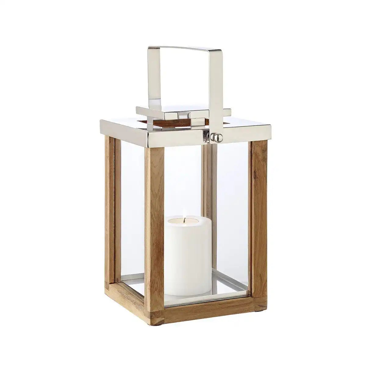 Laterne Windlicht Miami mit klappbarem Griff, Holz und Edelstahl glänzend vernickelt 45cm - HomeDesign Knaus