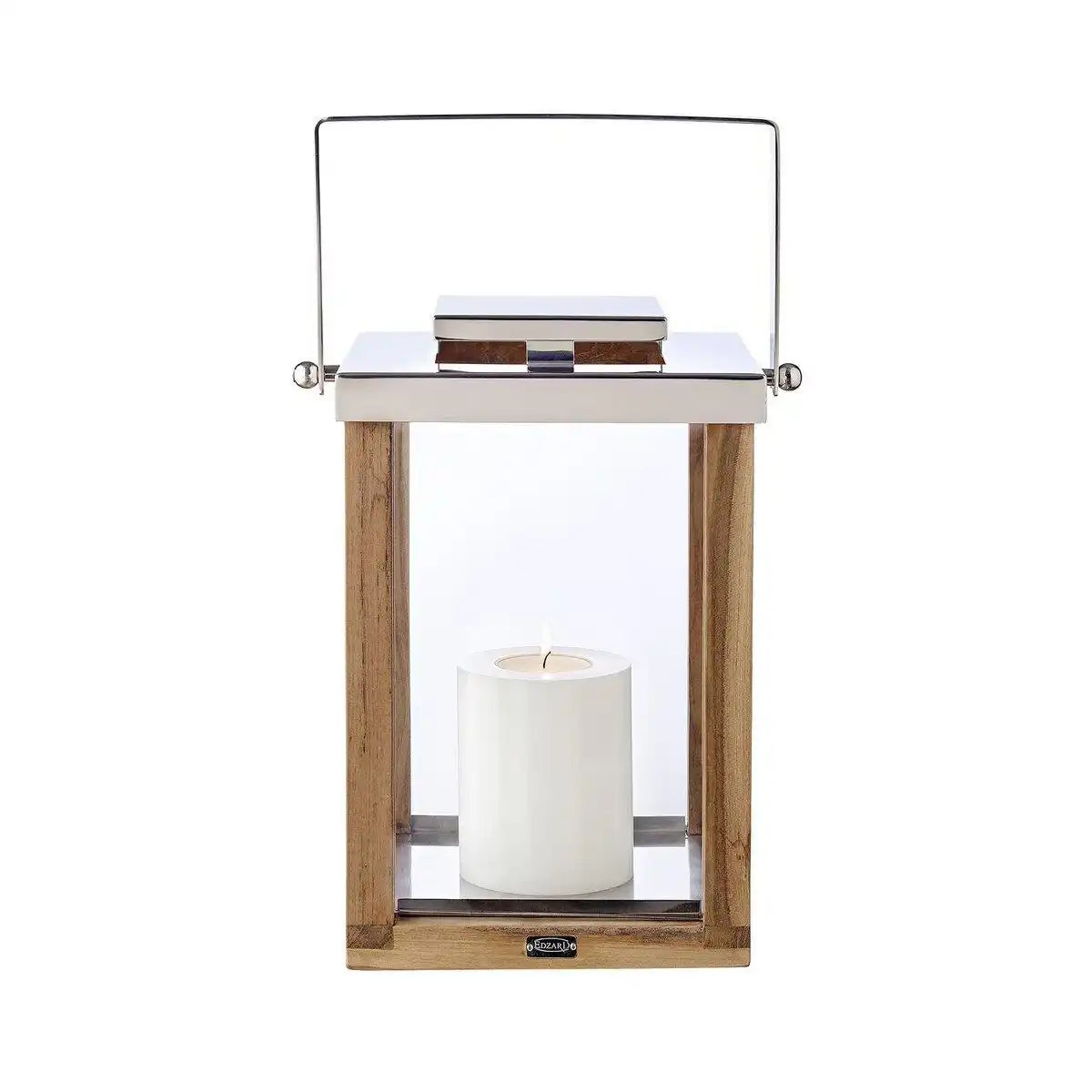 Laterne Windlicht Miami mit klappbarem Griff, Holz und Edelstahl glänzend vernickelt 45cm - HomeDesign Knaus