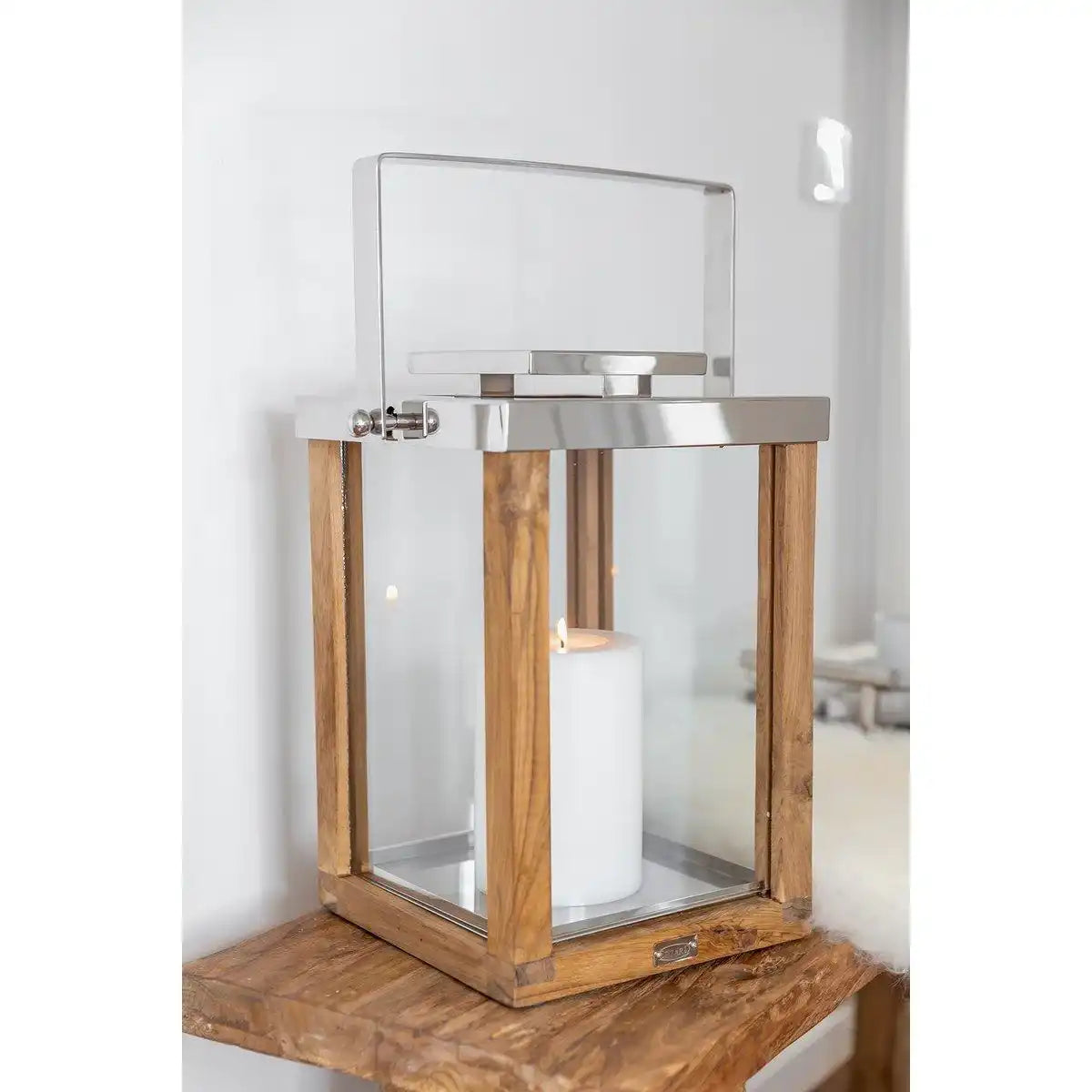 Laterne Windlicht Miami mit klappbarem Griff, Holz und Edelstahl glänzend vernickelt 45cm - HomeDesign Knaus