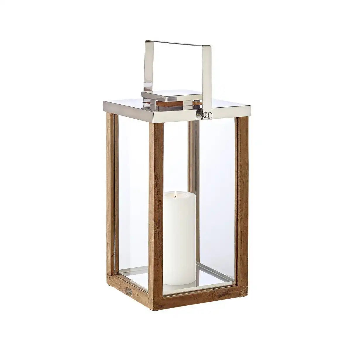 Laterne Windlicht Miami mit klappbarem Griff, Holz und Edelstahl glänzend vernickelt 61,5 cm - HomeDesign Knaus