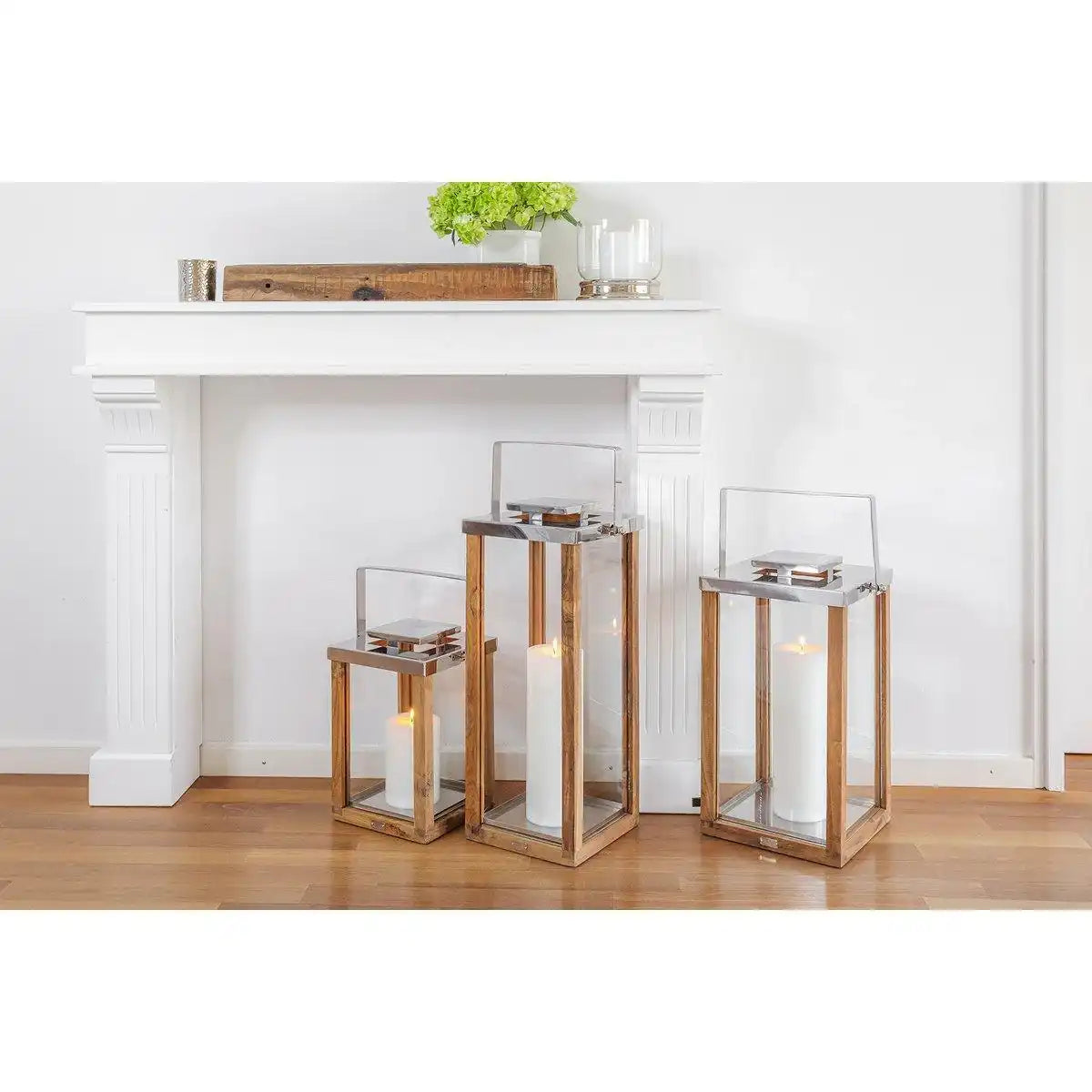 Laterne Windlicht Miami mit klappbarem Griff, Holz und Edelstahl glänzend vernickelt 61,5 cm - HomeDesign Knaus