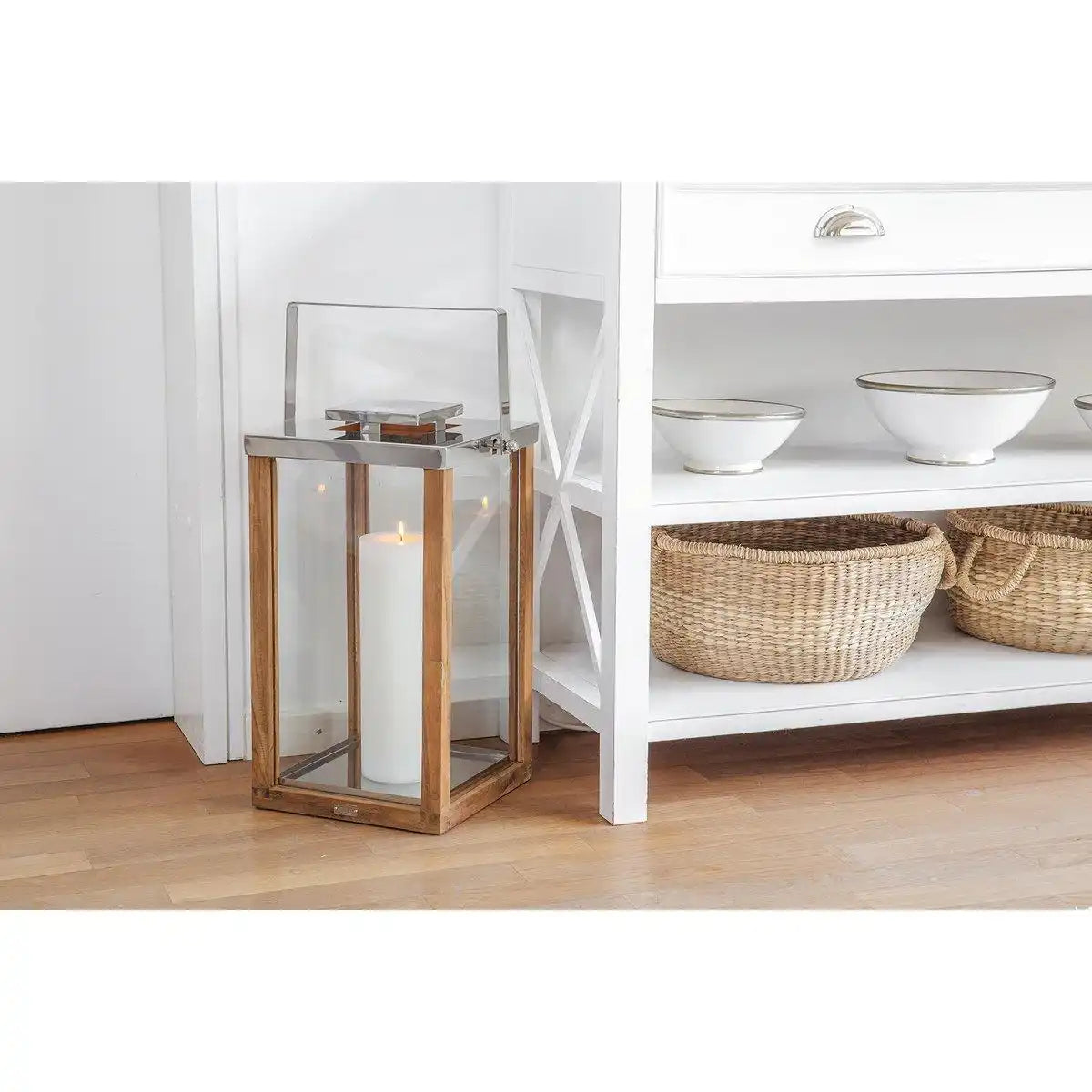 Laterne Windlicht Miami mit klappbarem Griff, Holz und Edelstahl glänzend vernickelt 61,5 cm - HomeDesign Knaus