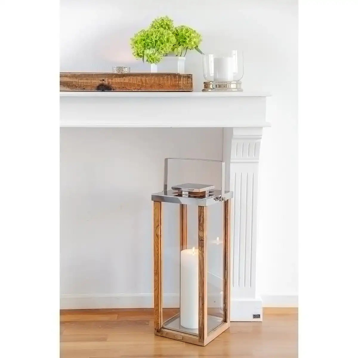 Laterne Windlicht Miami mit klappbarem Griff, Holz und Edelstahl glänzend vernickelt 70 cm - HomeDesign Knaus