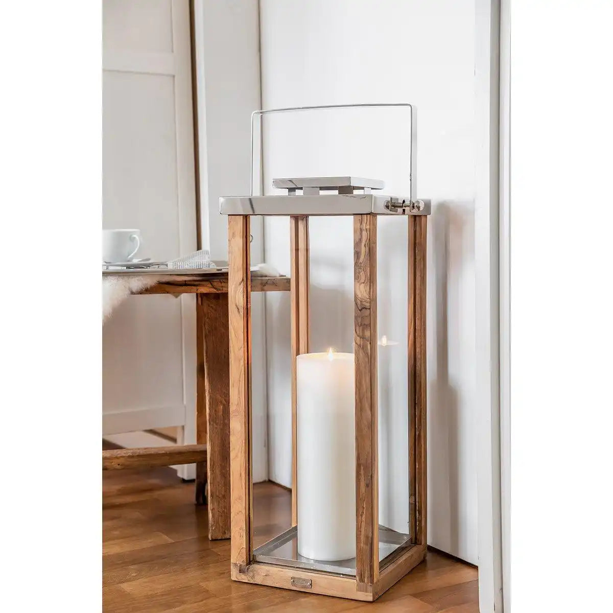 Laterne Windlicht Miami mit klappbarem Griff, Holz und Edelstahl glänzend vernickelt 70 cm - HomeDesign Knaus