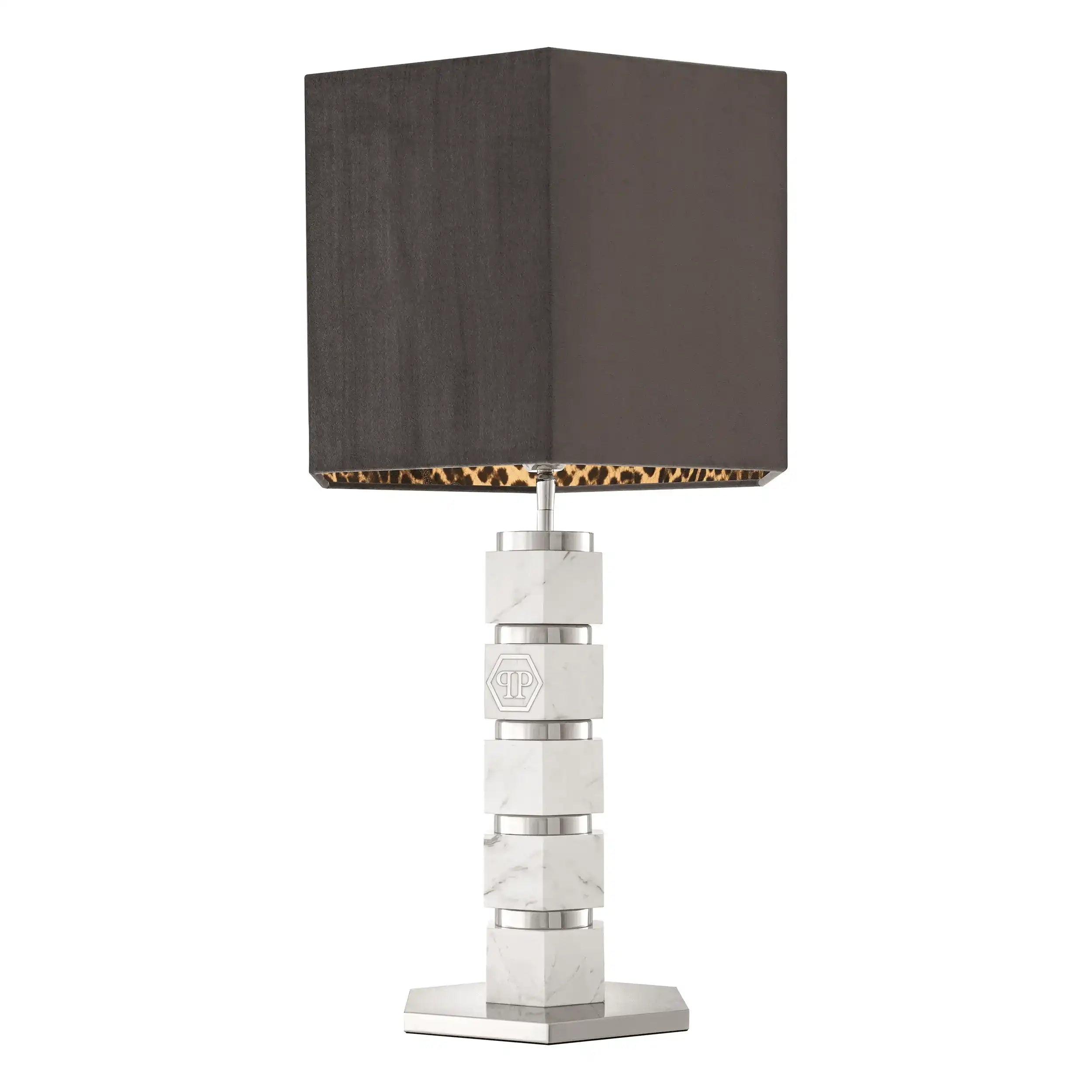 Philipp Plein CAHABA Glamourösen Tischlampe Marmorsockel Nickelrahmen Leopardenfutter Inklusive grauem Samtschirm Handarbeit - HomeDesign Knaus