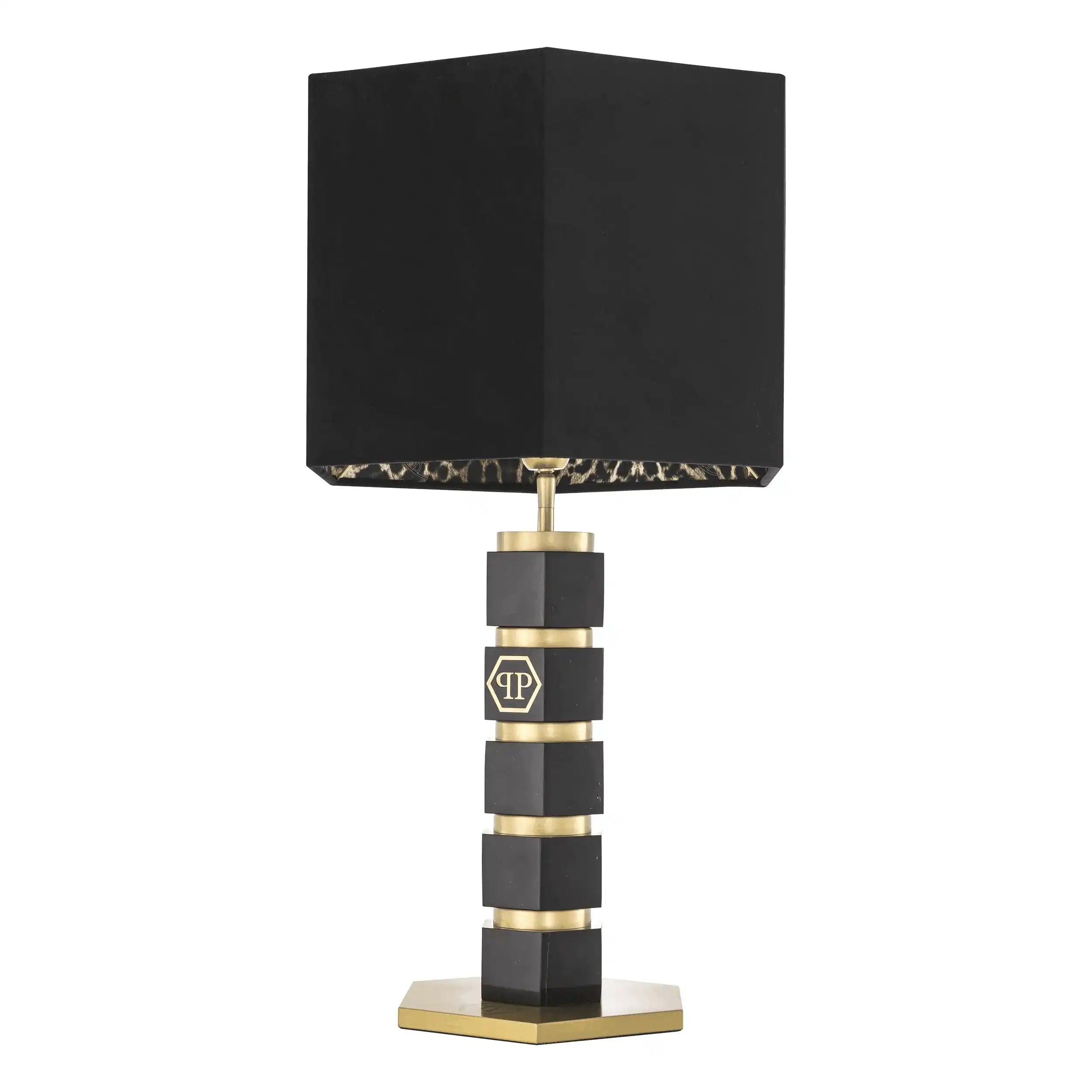 Philipp Plein CAHABA Glamourösen Tischlampe schwarzem Marmor Nickelrahmen Leopardenfutter Inklusive grauem Samtschirm Handarbeit - HomeDesign Knaus