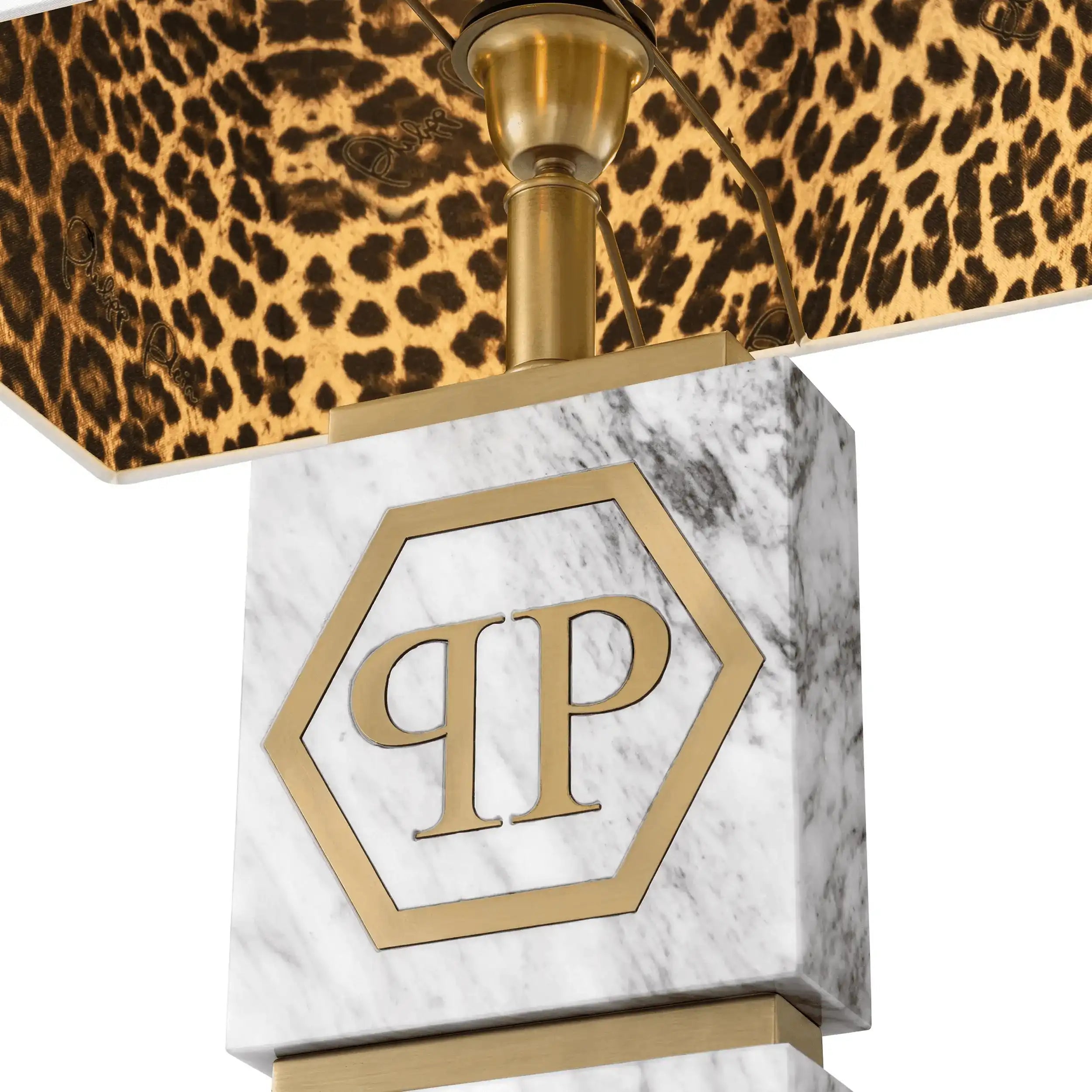 Philipp Plein CAHABA Glamourösen Tischlampe Weißer Marmor gebürstetes Messing weißer Schirm mit Leopardenfutter Handarbeit - HomeDesign Knaus