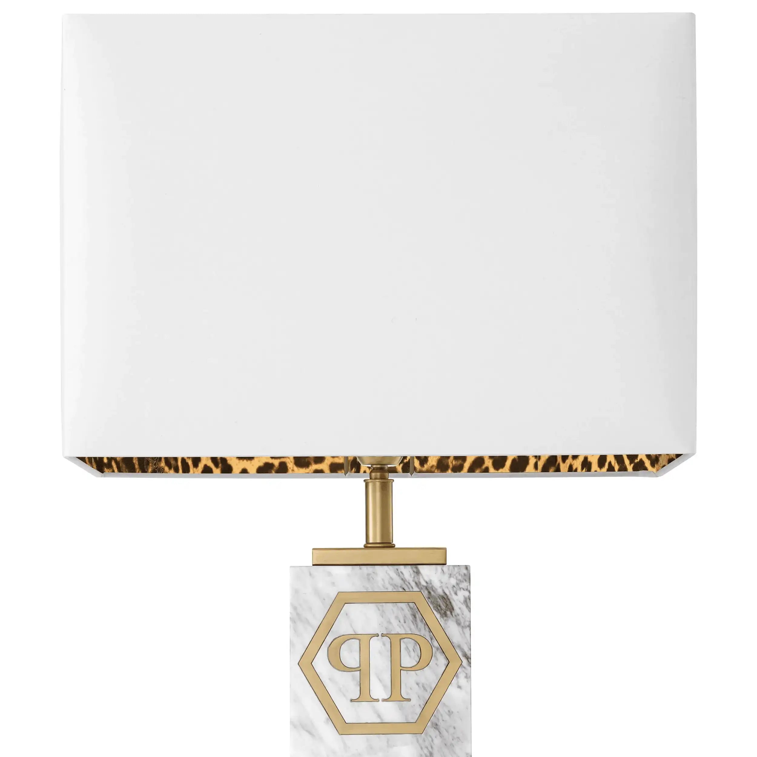 Philipp Plein CAHABA Glamourösen Tischlampe Weißer Marmor gebürstetes Messing weißer Schirm mit Leopardenfutter Handarbeit - HomeDesign Knaus