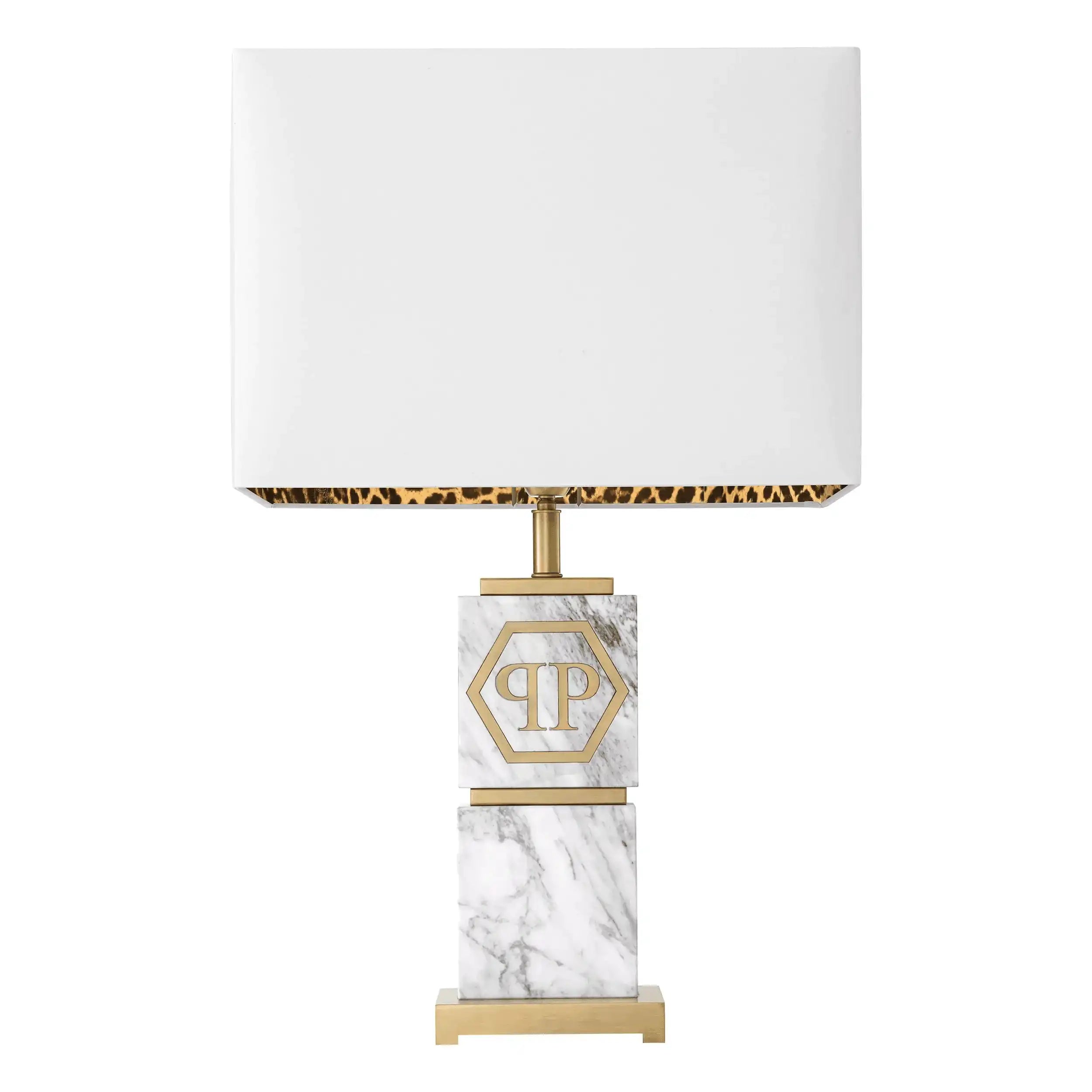 Philipp Plein CAHABA Glamourösen Tischlampe Weißer Marmor gebürstetes Messing weißer Schirm mit Leopardenfutter Handarbeit - HomeDesign Knaus