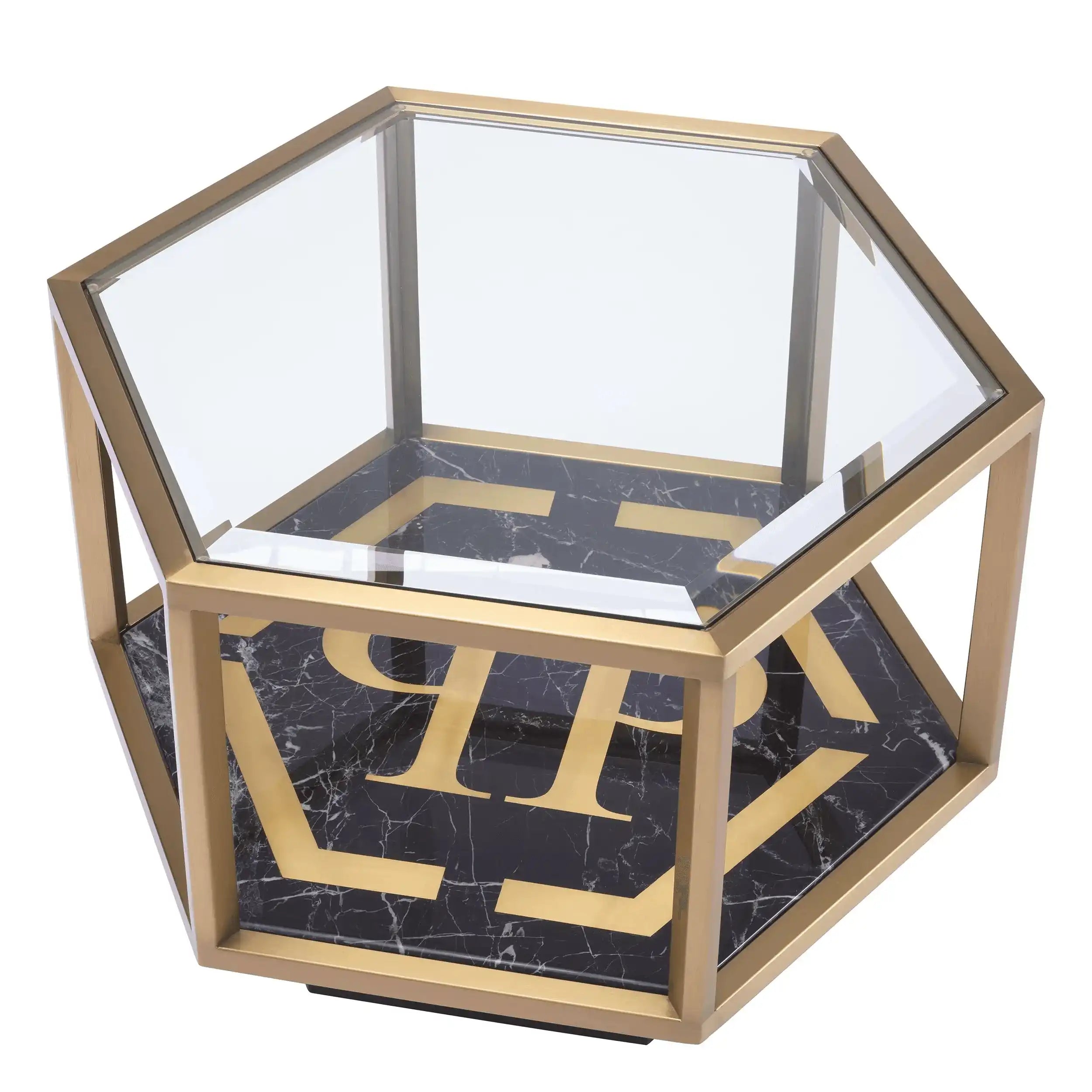 Philipp Plein Designer FALCON Beistelltisch Schwarzer Kunstmarmor Klarglas gebürstetem Messing - HomeDesign Knaus
