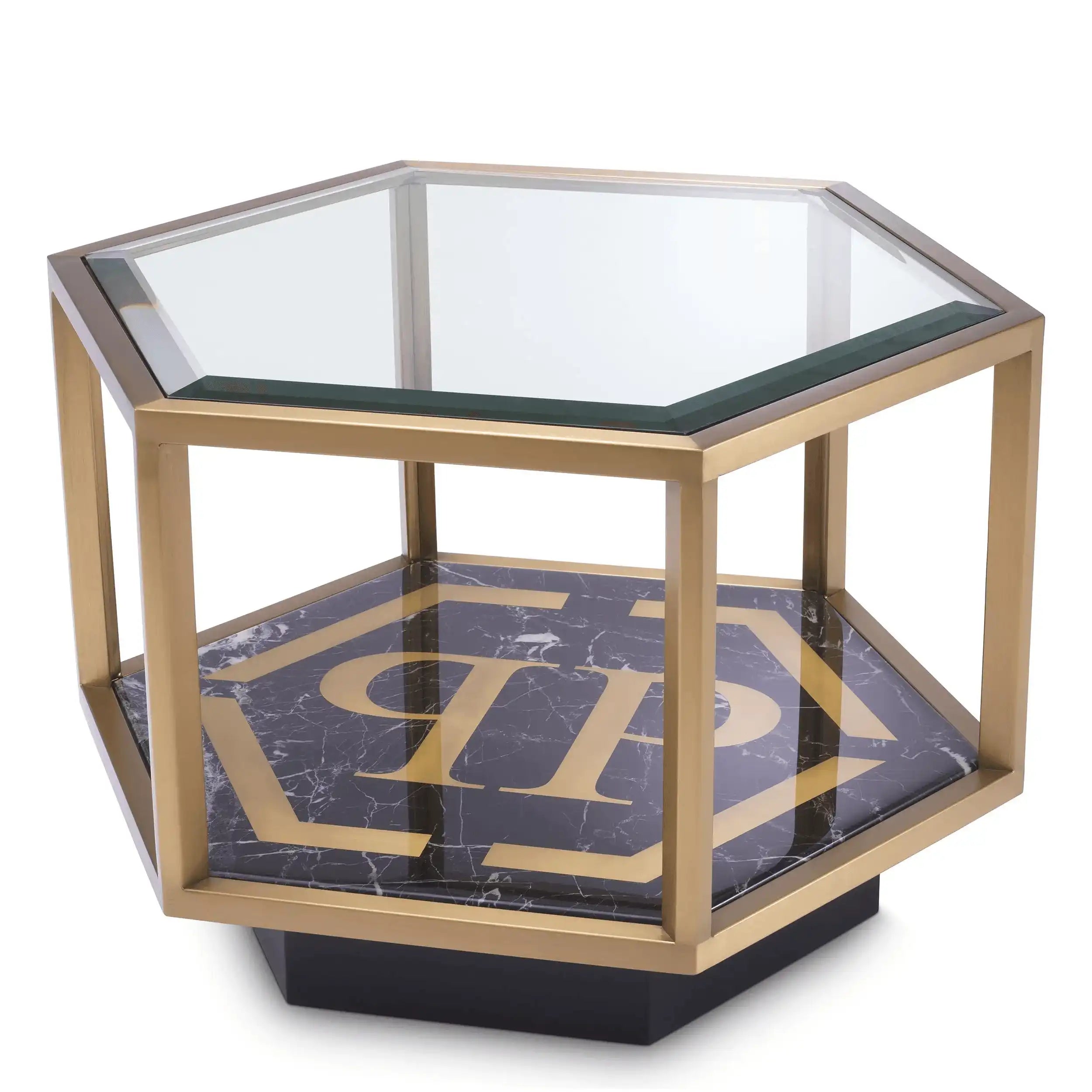 Philipp Plein Designer FALCON Beistelltisch Schwarzer Kunstmarmor Klarglas gebürstetem Messing - HomeDesign Knaus