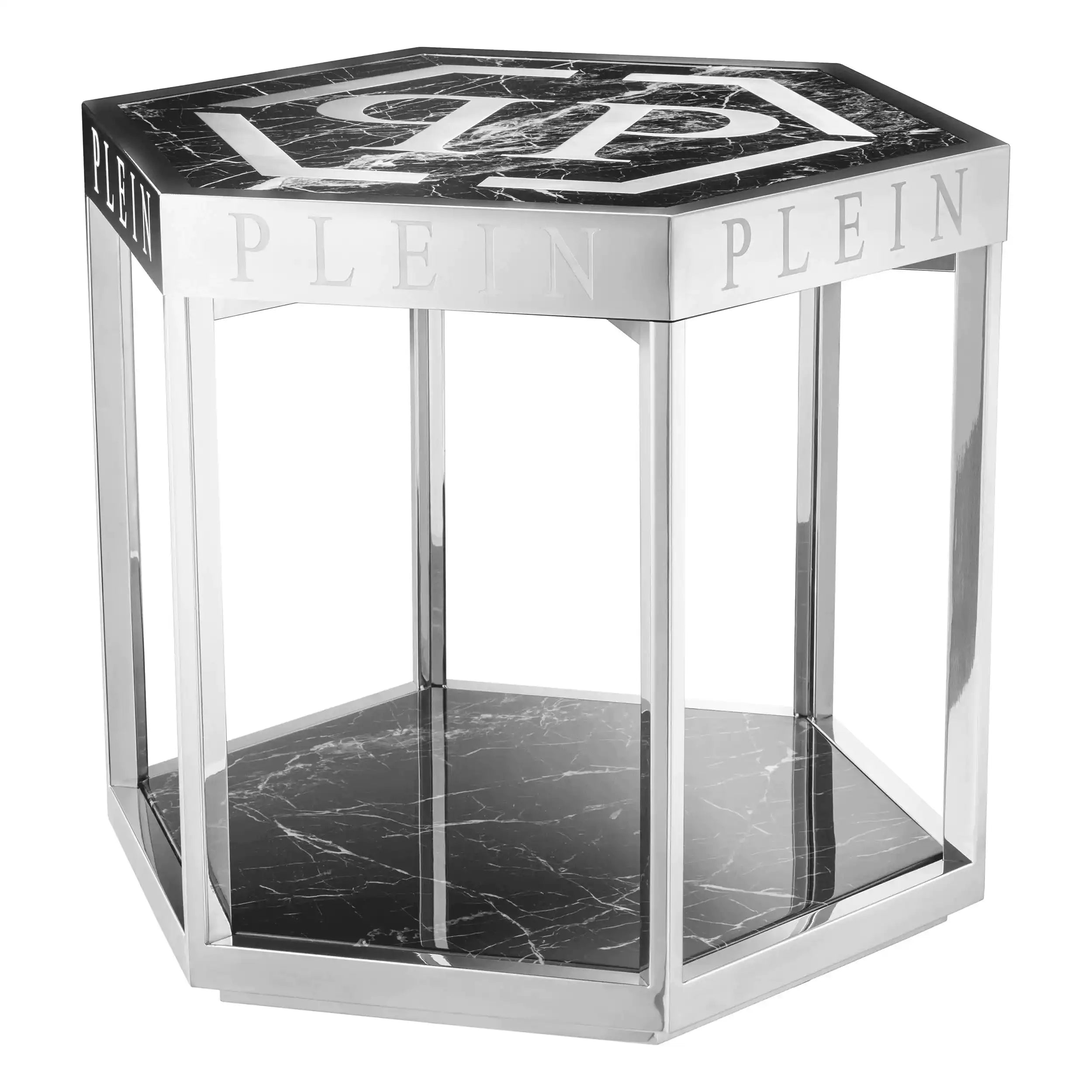 Philipp Plein Designer MILLIARDÄR Beistelltisch Schwarzer Kunstmarmor Nickelsockel - HomeDesign Knaus