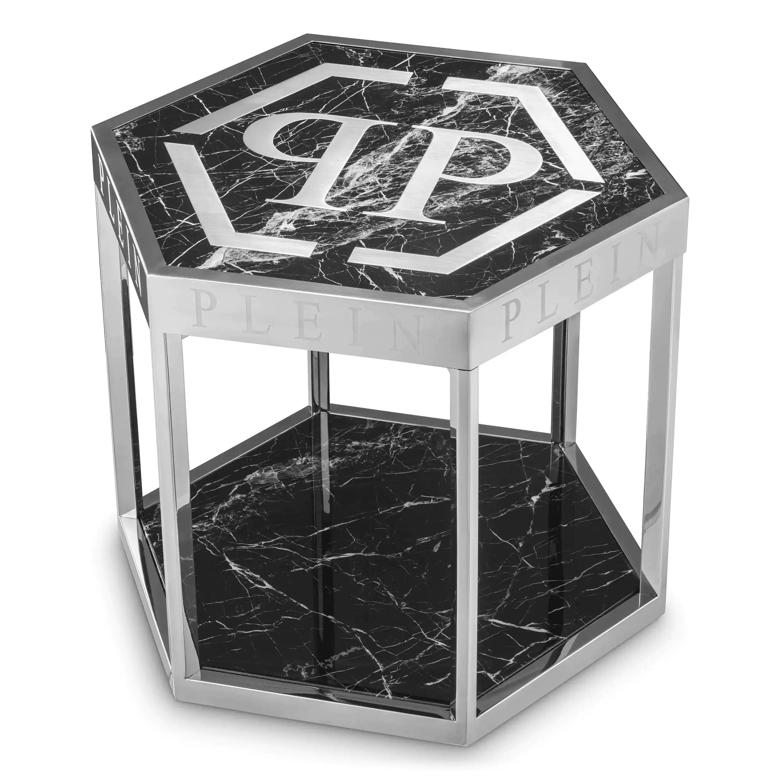 Philipp Plein Designer MILLIARDÄR Beistelltisch Schwarzer Kunstmarmor Nickelsockel - HomeDesign Knaus