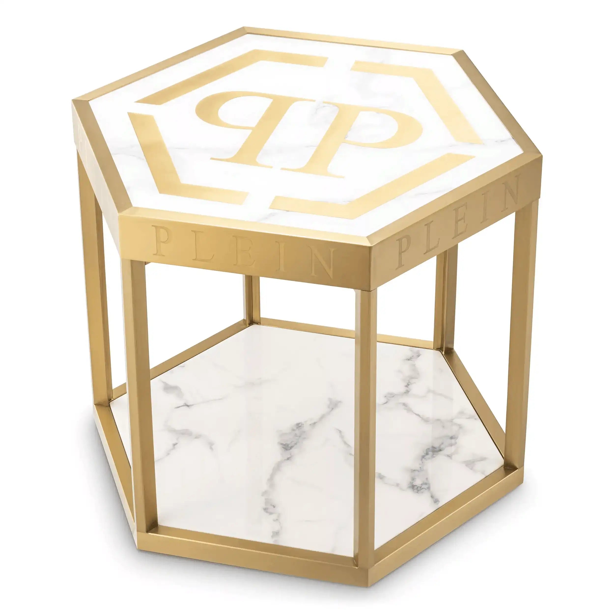 Philipp Plein Designer MILLIARDÄR Beistelltisch weißen Kunstmarmor Nickelsockel - HomeDesign Knaus