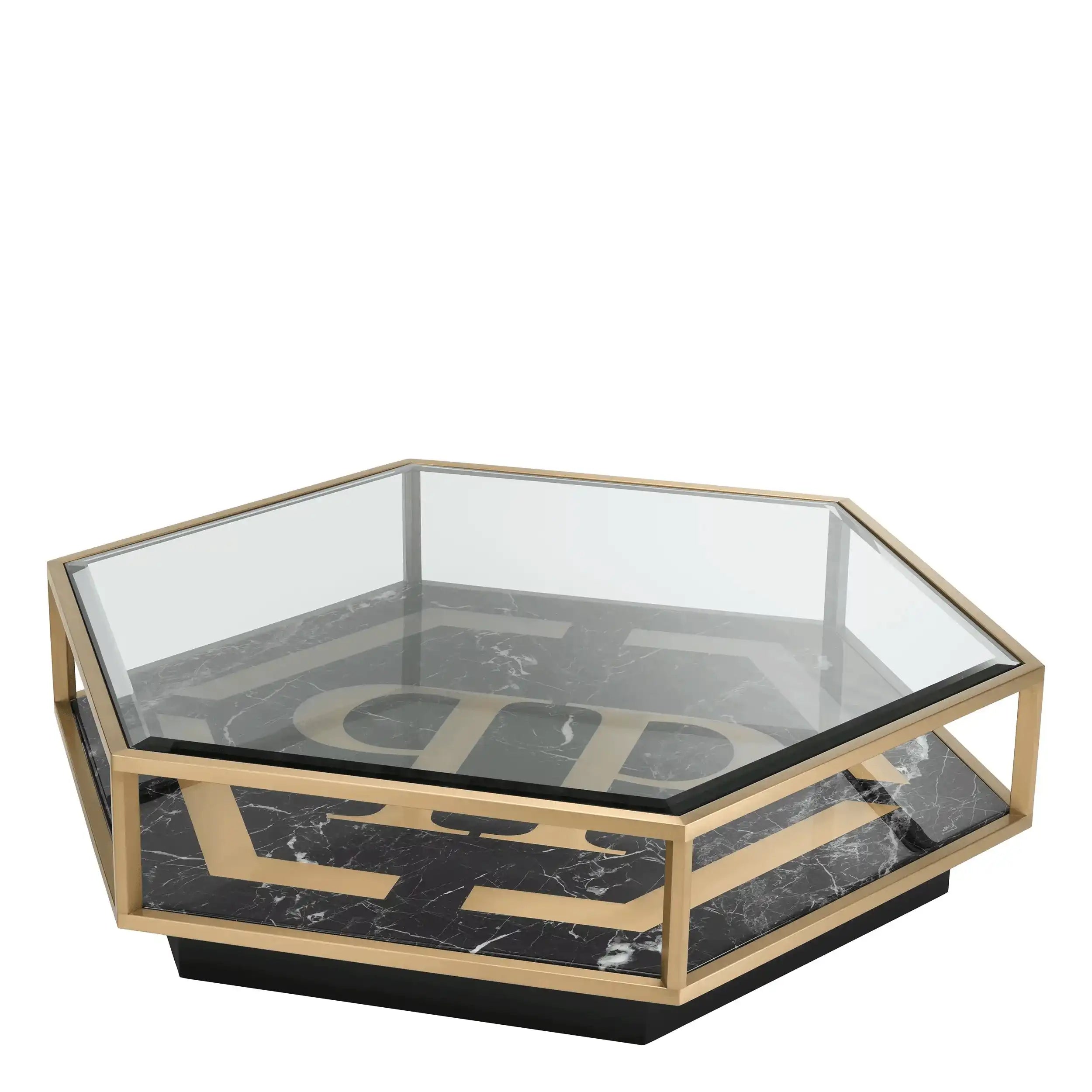 Philipp Plein FALCON Couchtisch Handarbeit Klarglas Sockel aus gebürstetem Messing - HomeDesign Knaus