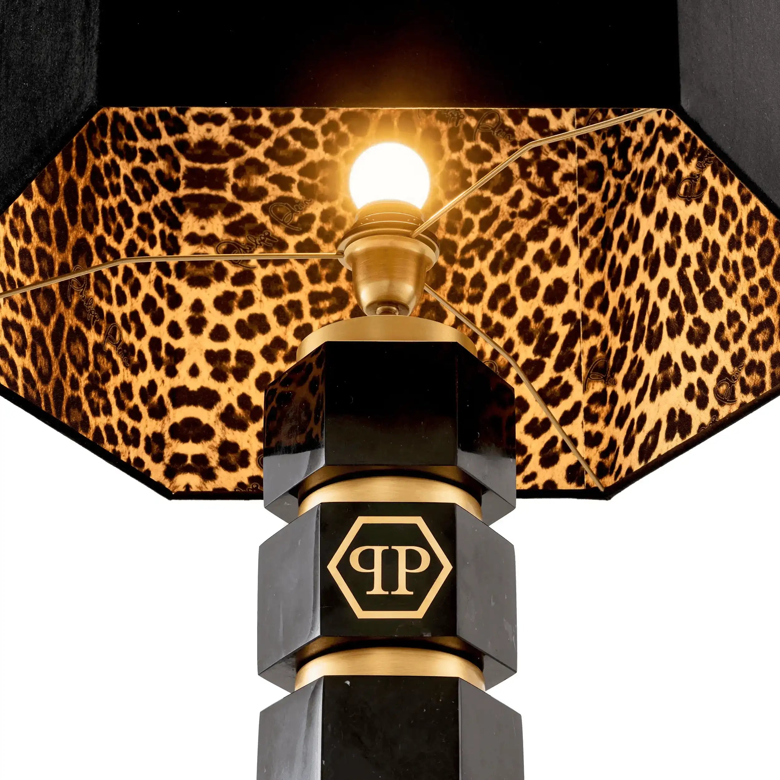 PHILIPP PLEIN NEWTON Stehleuchte Schwarzer Marmorsockel | gebürstetem Messingschwarzer Samtschirm mit Leopardenfutter Handarbeit - HomeDesign Knaus