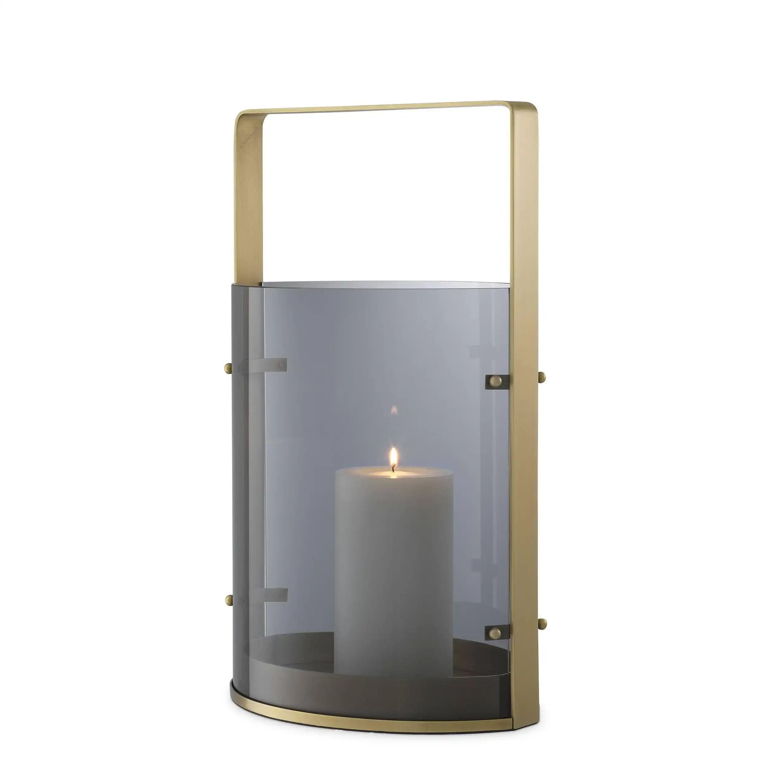 Reid Designer Windlicht Antikes Messingfinish Rauchglas Handgefertigt - HomeDesign Knaus