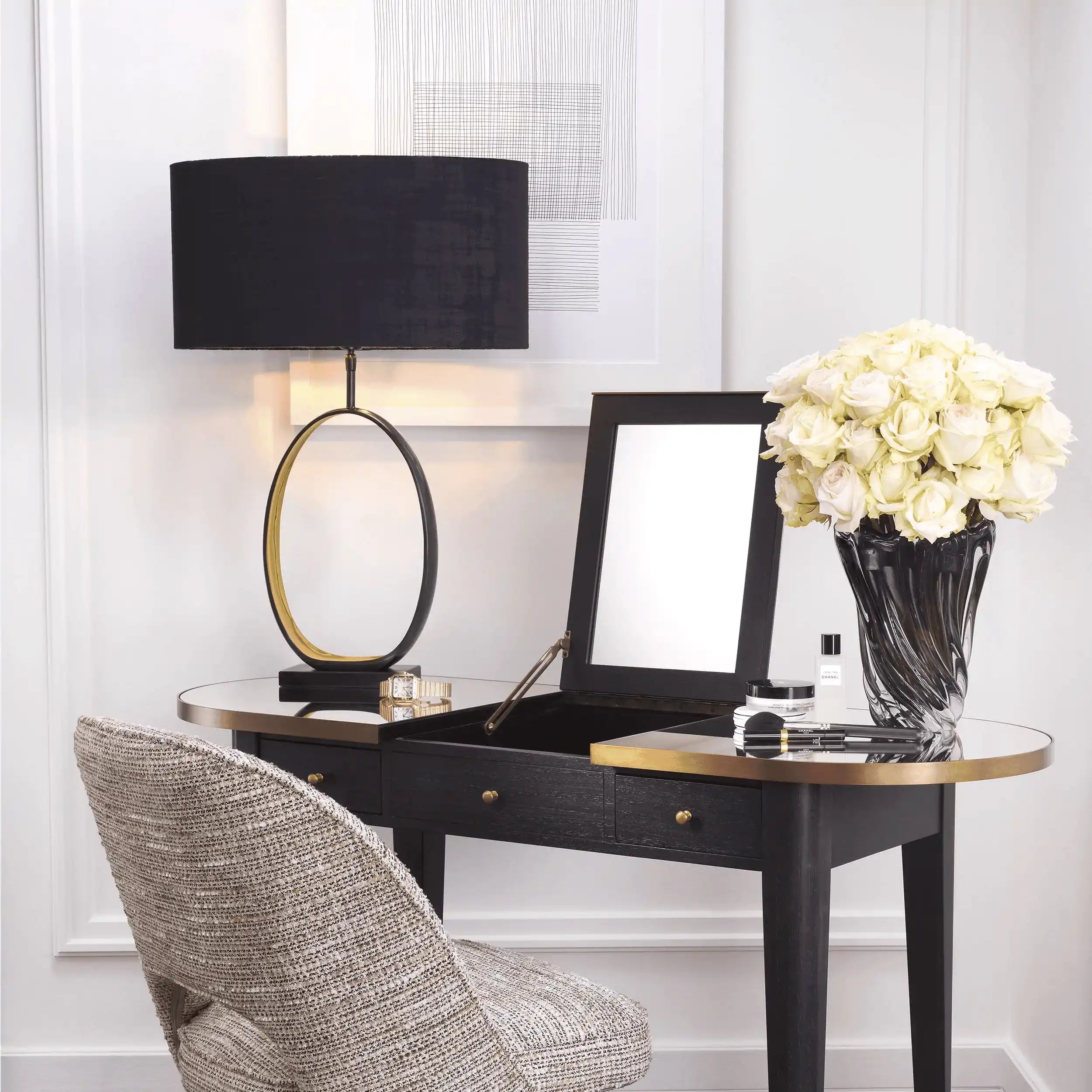 Saturnia Tischleuchte Gunmetal-Finish poliertes Messing Granitsockel - HomeDesign Knaus