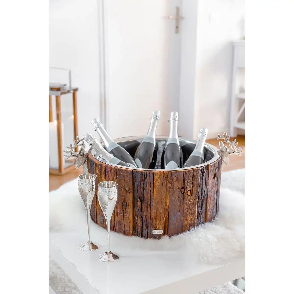Sektkühler Kennington, 2 Hirschköpfe, Holz, Edelstahl glänzend vernickelt, ø 46,5 cm, H 23,5 cm, 11 kg - HomeDesign Knaus