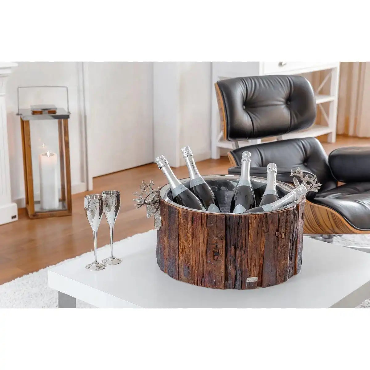 Sektkühler Kennington, 2 Hirschköpfe, Holz, Edelstahl glänzend vernickelt, ø 46,5 cm, H 23,5 cm, 11 kg - HomeDesign Knaus