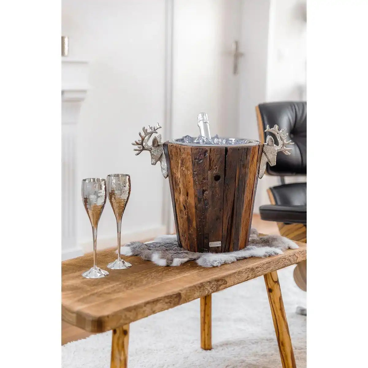 Sektkühler Milwaukee mit 2 Hirschköpfen, Teakholz, Edelstahl glänzend vernickelt, Höhe 30 cm - HomeDesign Knaus