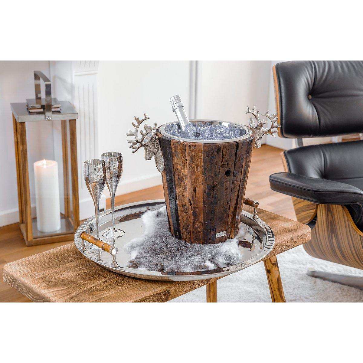 Sektkühler Milwaukee mit 2 Hirschköpfen, Teakholz, Edelstahl glänzend vernickelt, Höhe 30 cm - HomeDesign Knaus