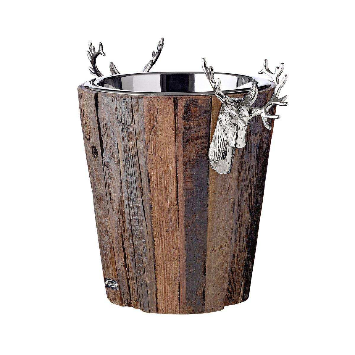 Sektkühler Milwaukee mit 2 Hirschköpfen, Teakholz, Edelstahl glänzend vernickelt, Höhe 30 cm - HomeDesign Knaus