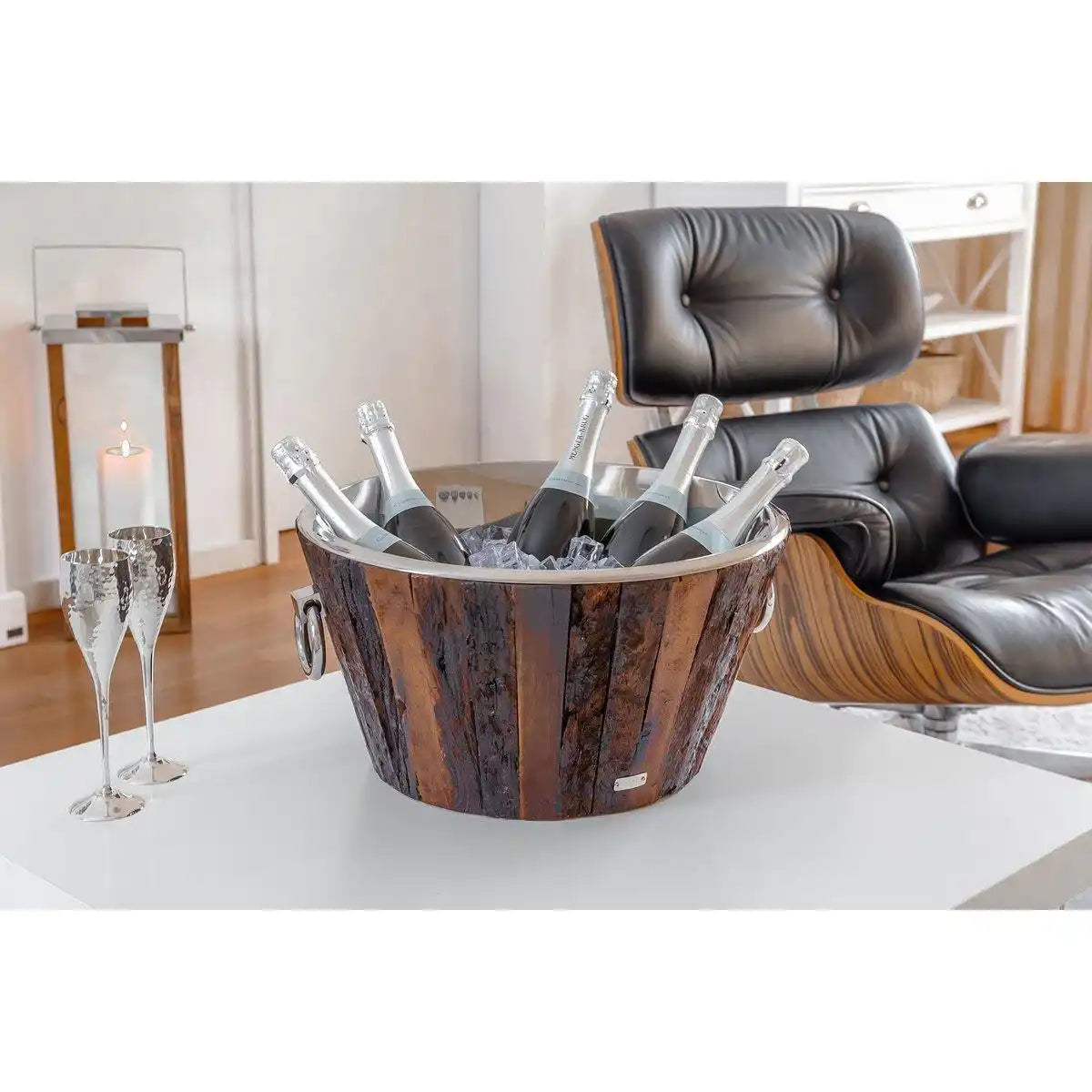 Sektkühler Montgomery, Teakholz, Edelstahl glänzend vernickelt, ø 46 cm, H 24 cm, Gewicht 7,5 kg - HomeDesign Knaus