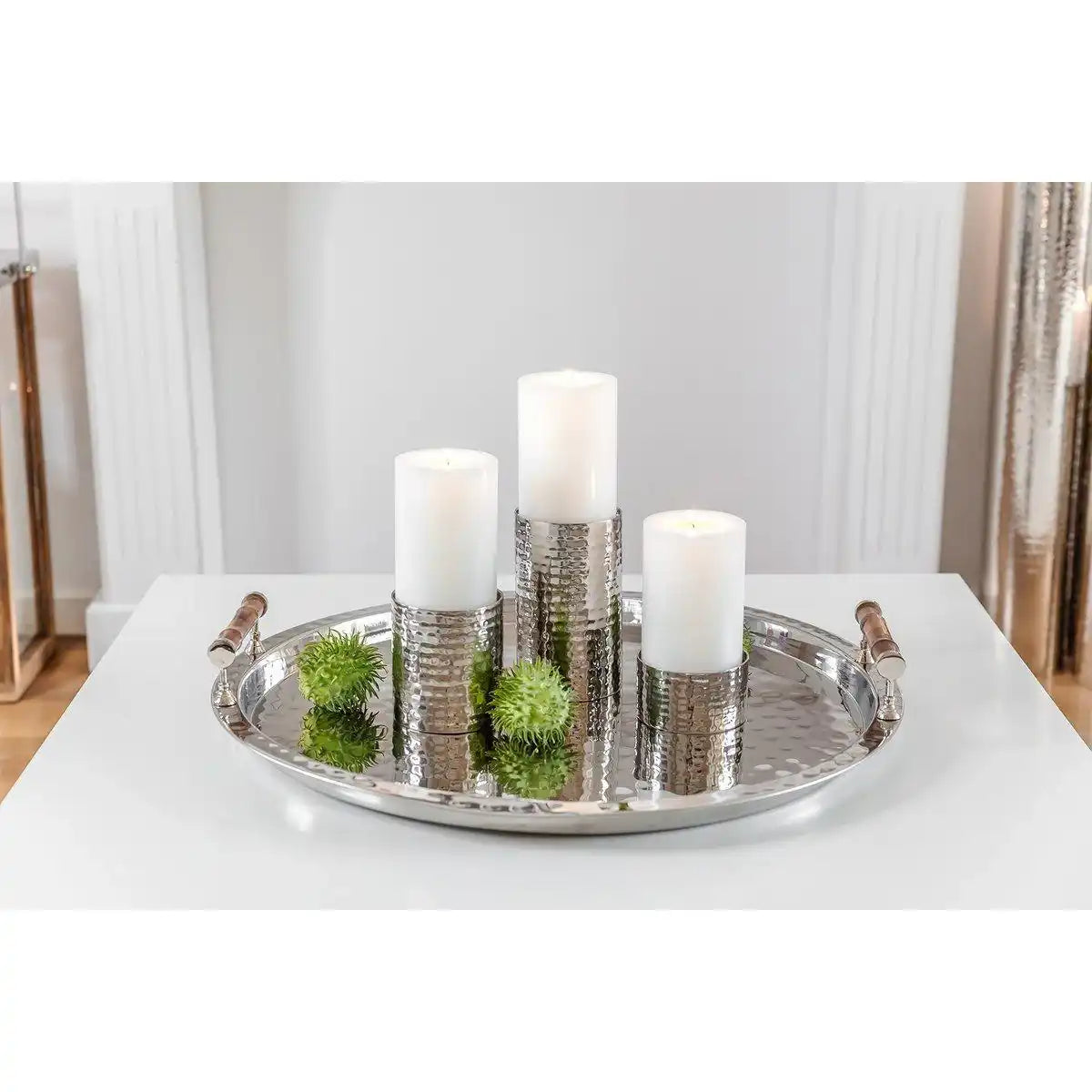 Serviertablett Hugo, rund, Edelstahl glänzend vernickelt, mit Bambusgriffen, Durchmesser 54 cm - HomeDesign Knaus