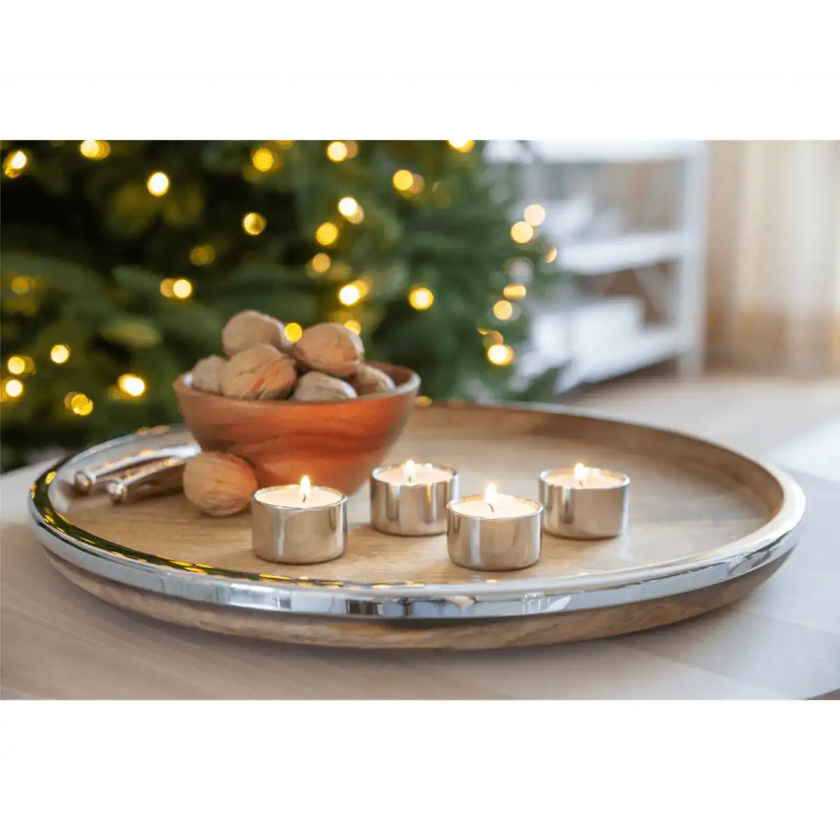 Tablett Serviertablett Cincinnati, Mangoholz und Edelstahl glänzend vernickelt, Durchmesser 40 cm - HomeDesign Knaus